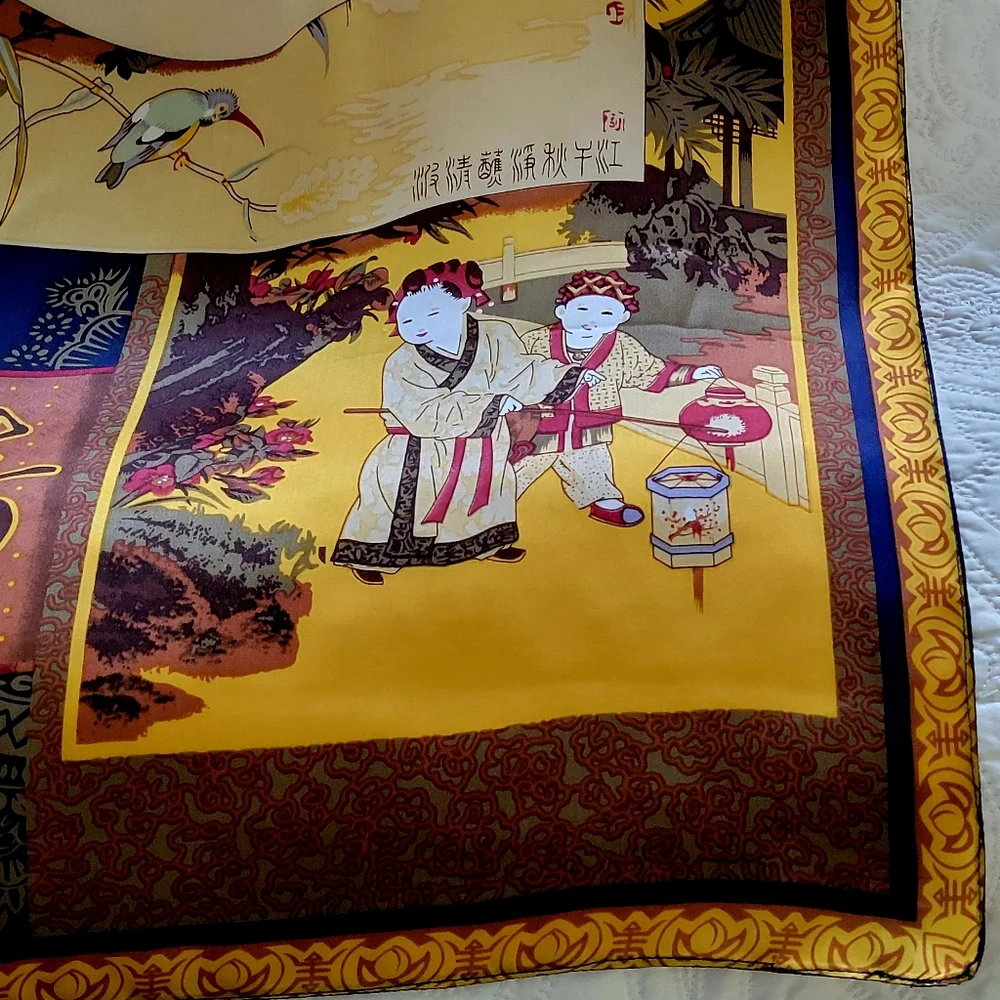 Large 38x39 Inch vintage Silk Scarf Wrap in Gold & Navy with Asian Motif